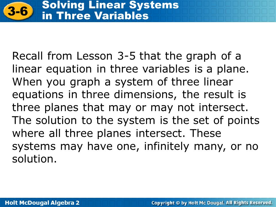 Linear Equations: Solutions Using Elimination with Three Variables